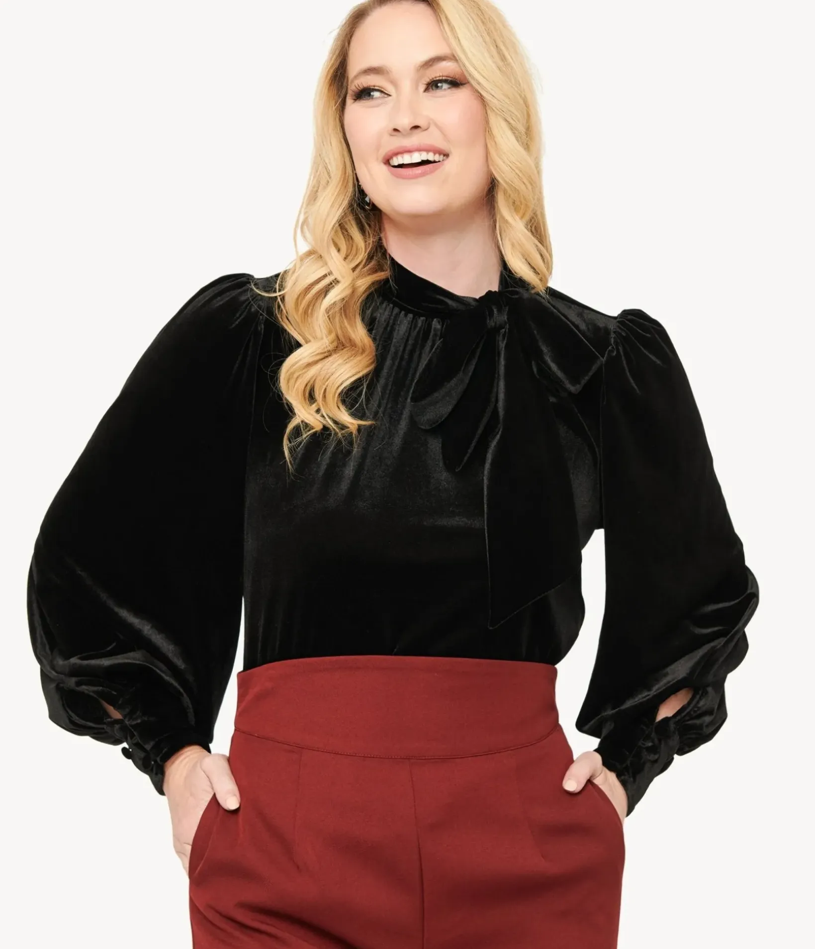 Unique Vintage All Things Black|Work Wear>1940s Black Velvet Long Sleeve Bow Blouse