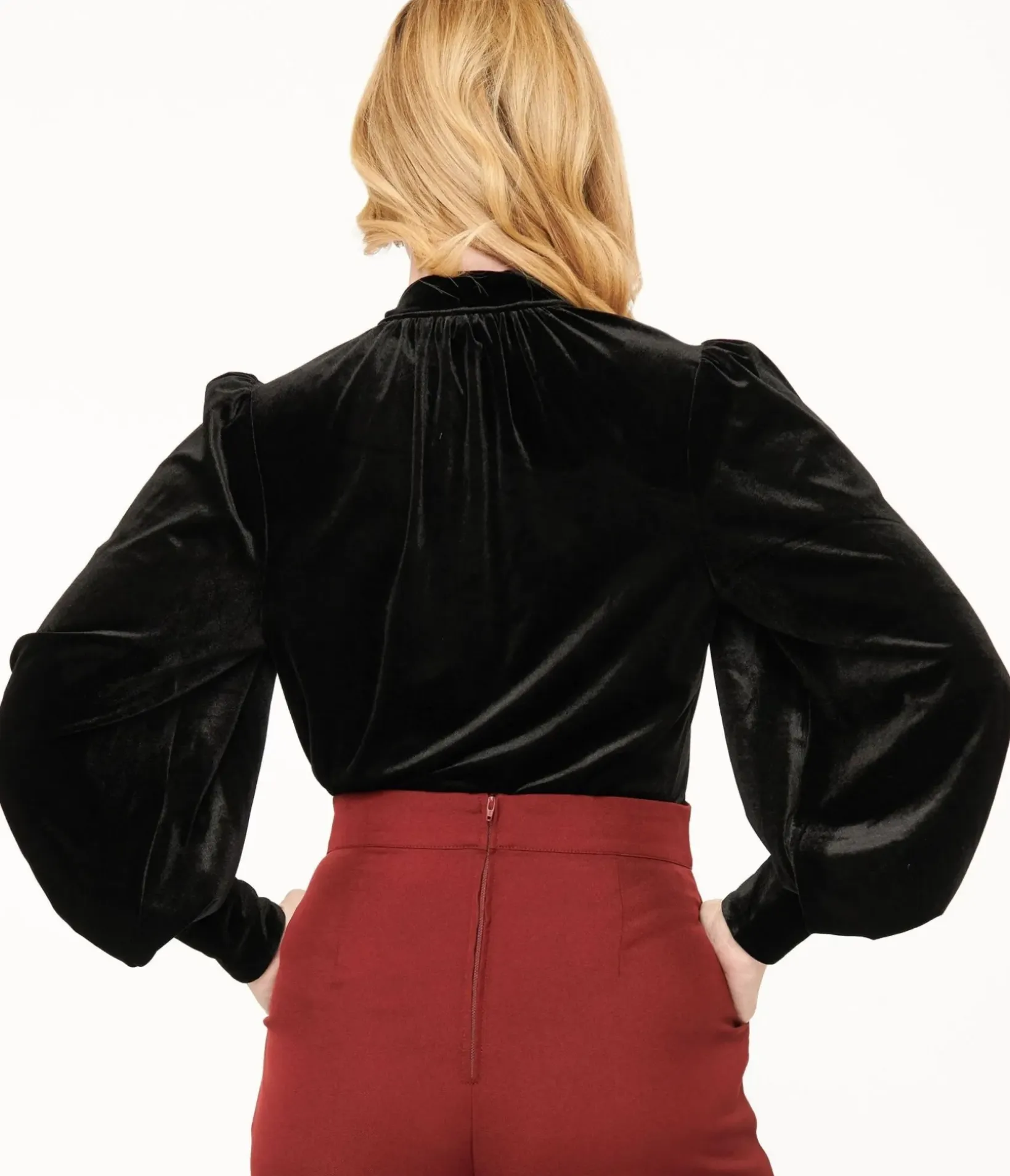 Unique Vintage All Things Black|Work Wear>1940s Black Velvet Long Sleeve Bow Blouse