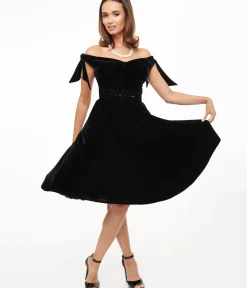 Unique Vintage Swing|Pocket Dresses>1960s Black Velvet Off The Shoulder Swing Dress