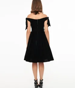 Unique Vintage Swing|Pocket Dresses>1960s Black Velvet Off The Shoulder Swing Dress