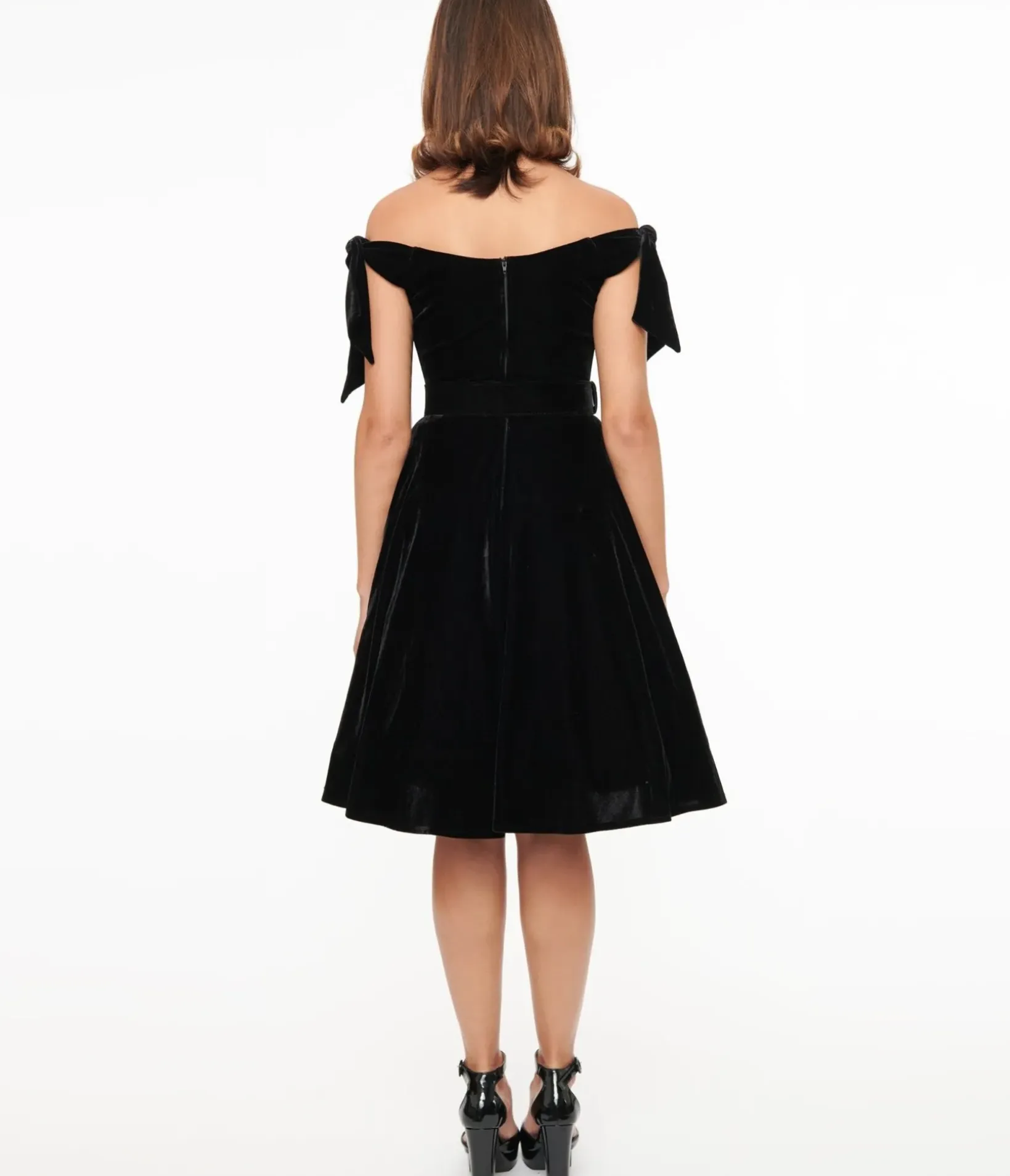 Unique Vintage Swing|Pocket Dresses>1960s Black Velvet Off The Shoulder Swing Dress