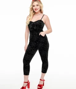 Unique Vintage Rompers & Jumpsuits|All Things Black>1950s Black Velvet & Silver Web Cropped Jumpsuit