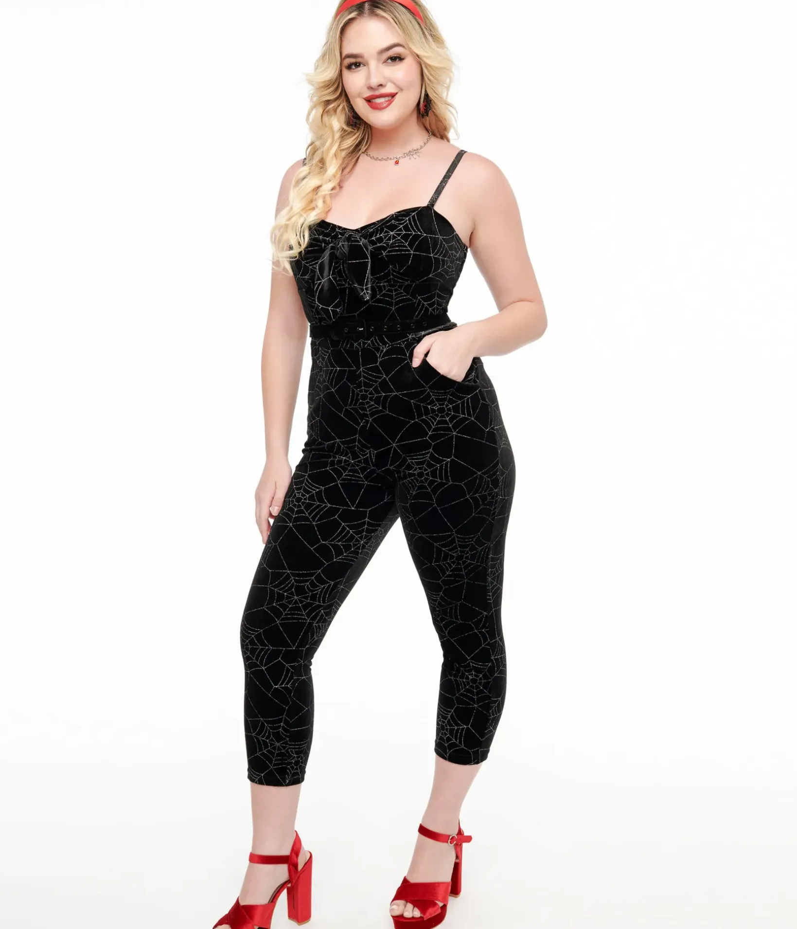 Unique Vintage Rompers & Jumpsuits|All Things Black>1950s Black Velvet & Silver Web Cropped Jumpsuit