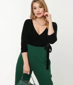 Unique Vintage All Things Black>1970s Black Velvet Surplice Bodysuit
