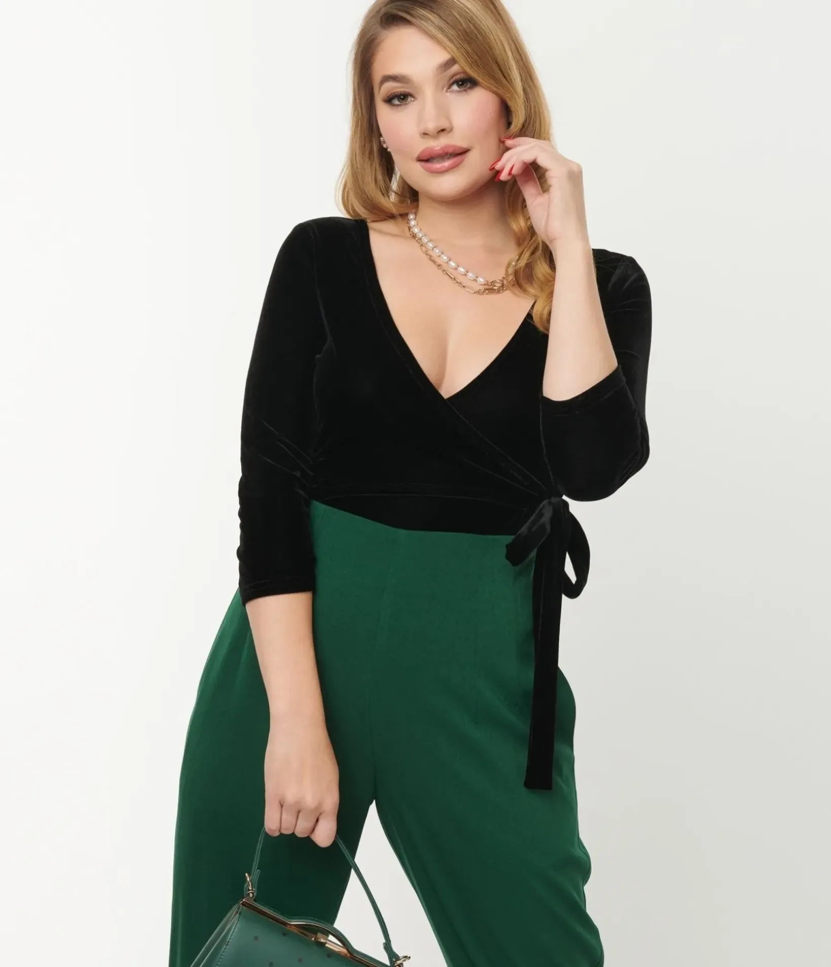 Unique Vintage All Things Black>1970s Black Velvet Surplice Bodysuit