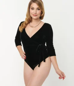 Unique Vintage All Things Black>1970s Black Velvet Surplice Bodysuit