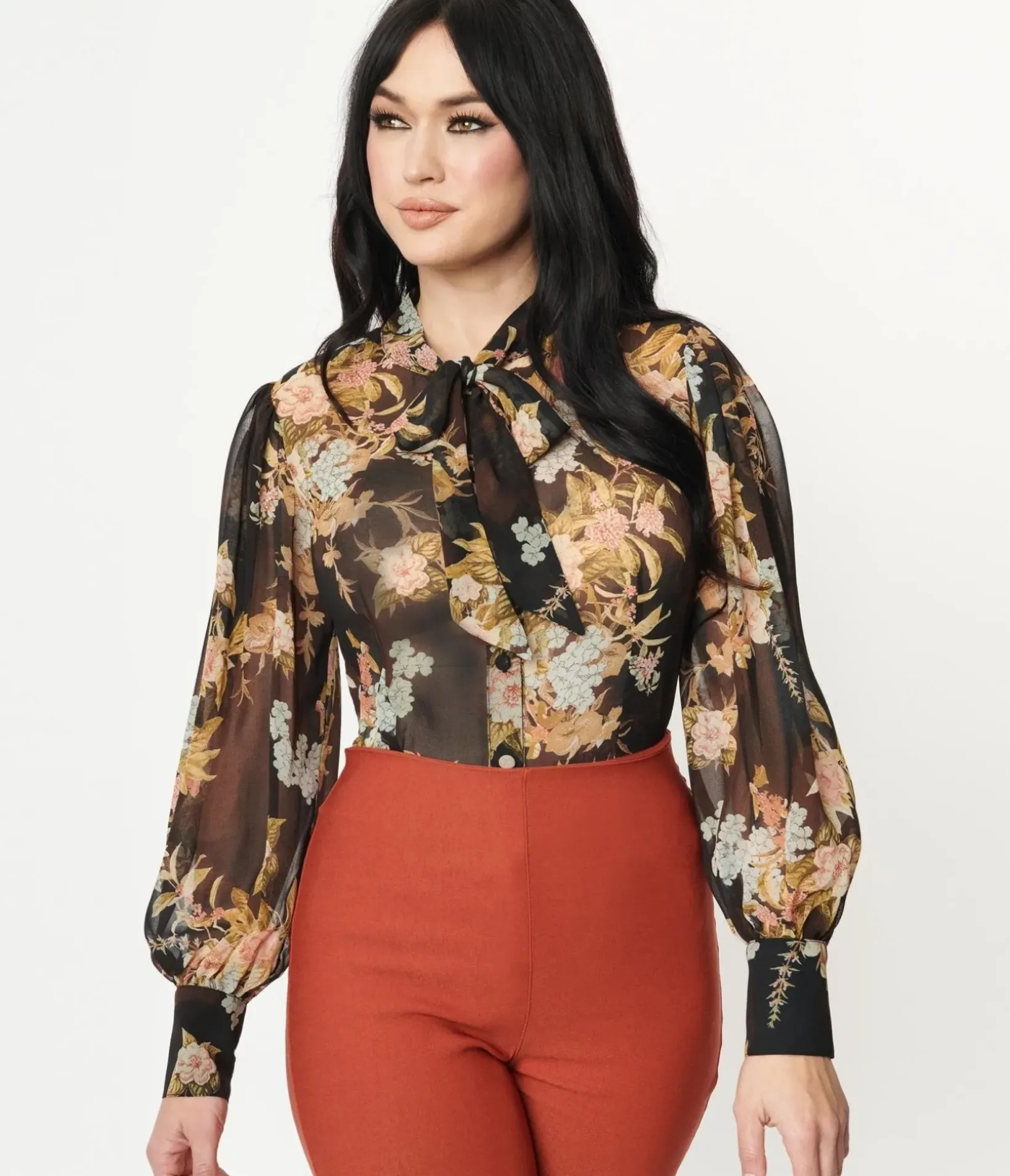 Unique Vintage Blouses>1930s Black & Vintage Floral Bouquet Print Gwen Blouse