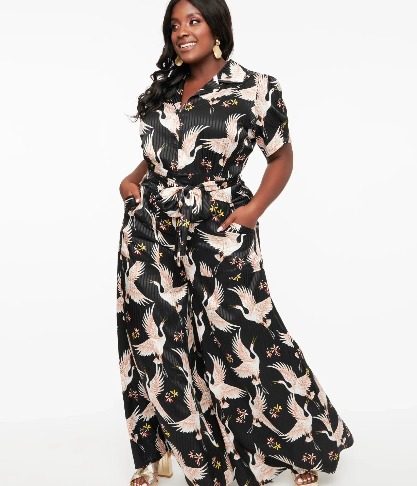 Unique Vintage Rompers & Jumpsuits|All Things Black>1940s Black & White Cranes Flare Jumpsuit