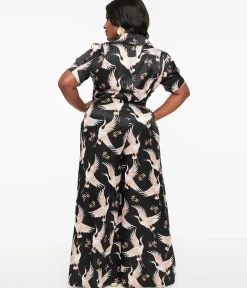 Unique Vintage Rompers & Jumpsuits|All Things Black>1940s Black & White Cranes Flare Jumpsuit
