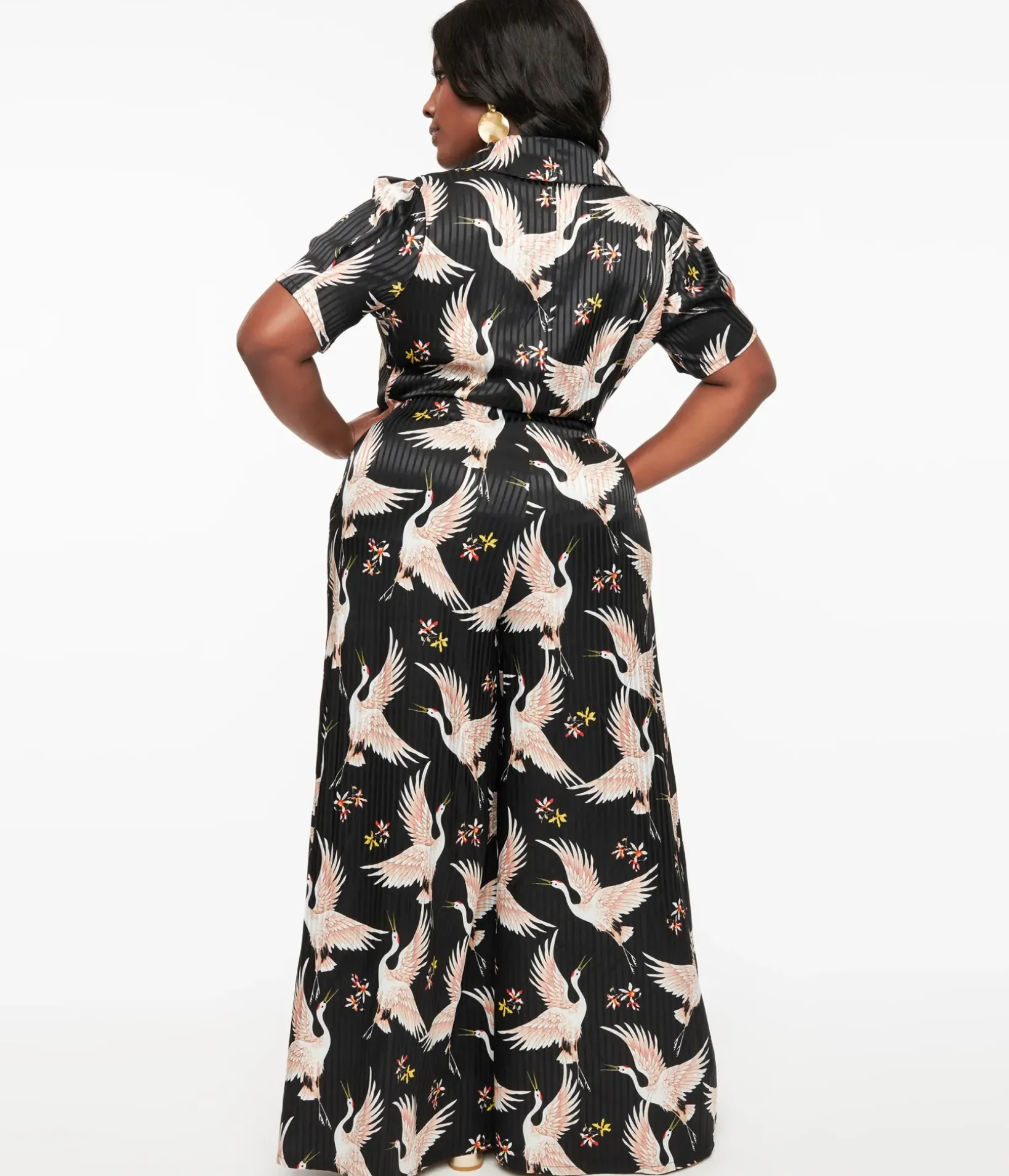 Unique Vintage Rompers & Jumpsuits|All Things Black>1940s Black & White Cranes Flare Jumpsuit