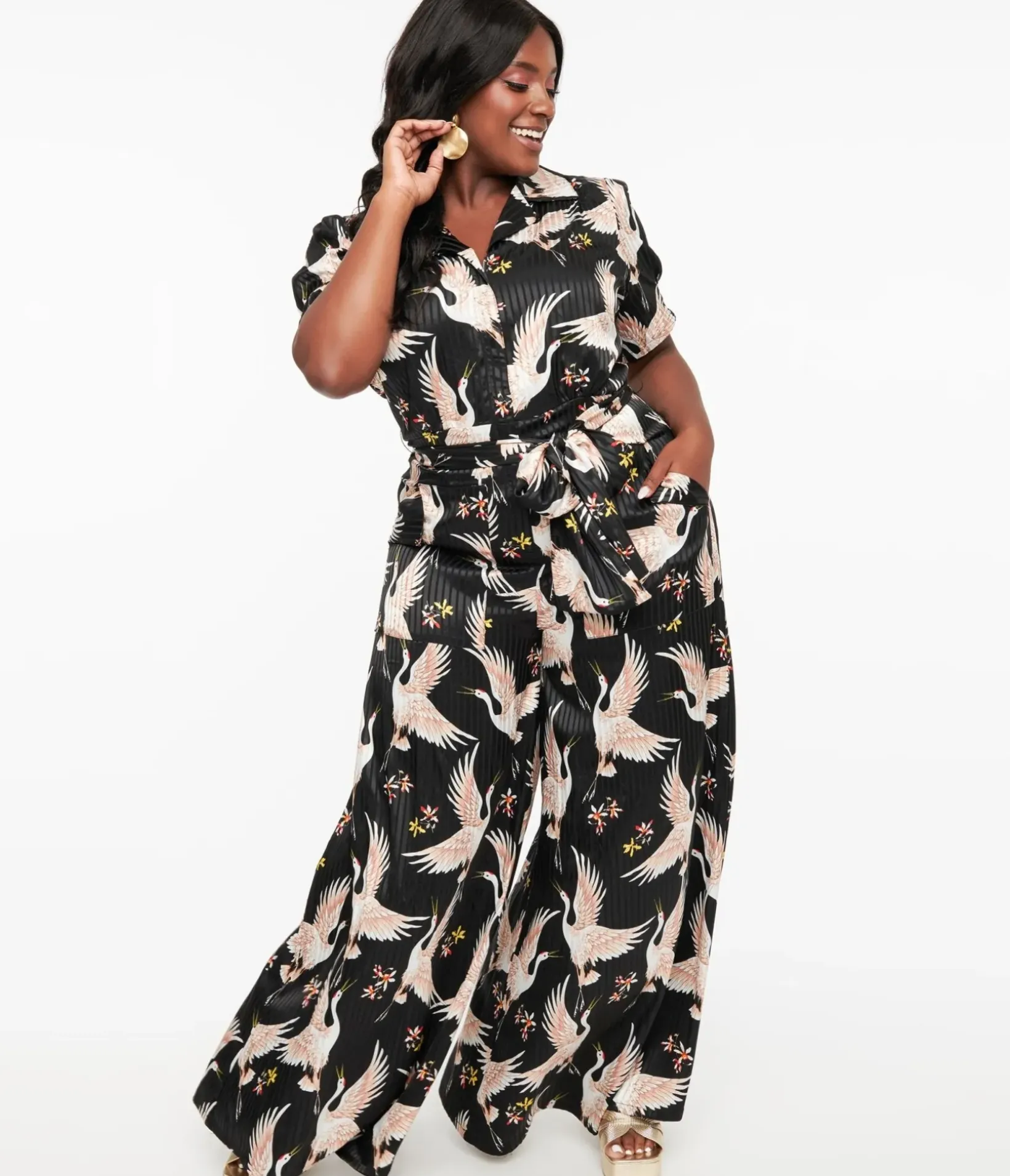 Unique Vintage Rompers & Jumpsuits|All Things Black>1940s Black & White Cranes Flare Jumpsuit