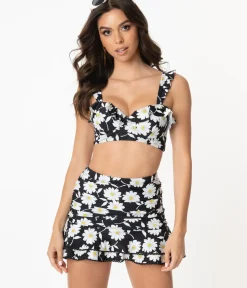 Unique Vintage Swim Tops|Two Piece Swim>1960s Black & White Daisy Southampton Swim Top