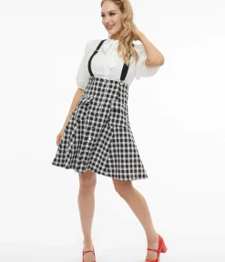 Unique Vintage Skirts|All Things Black>1950s Black & White Gingham Suspender Flare Skirt
