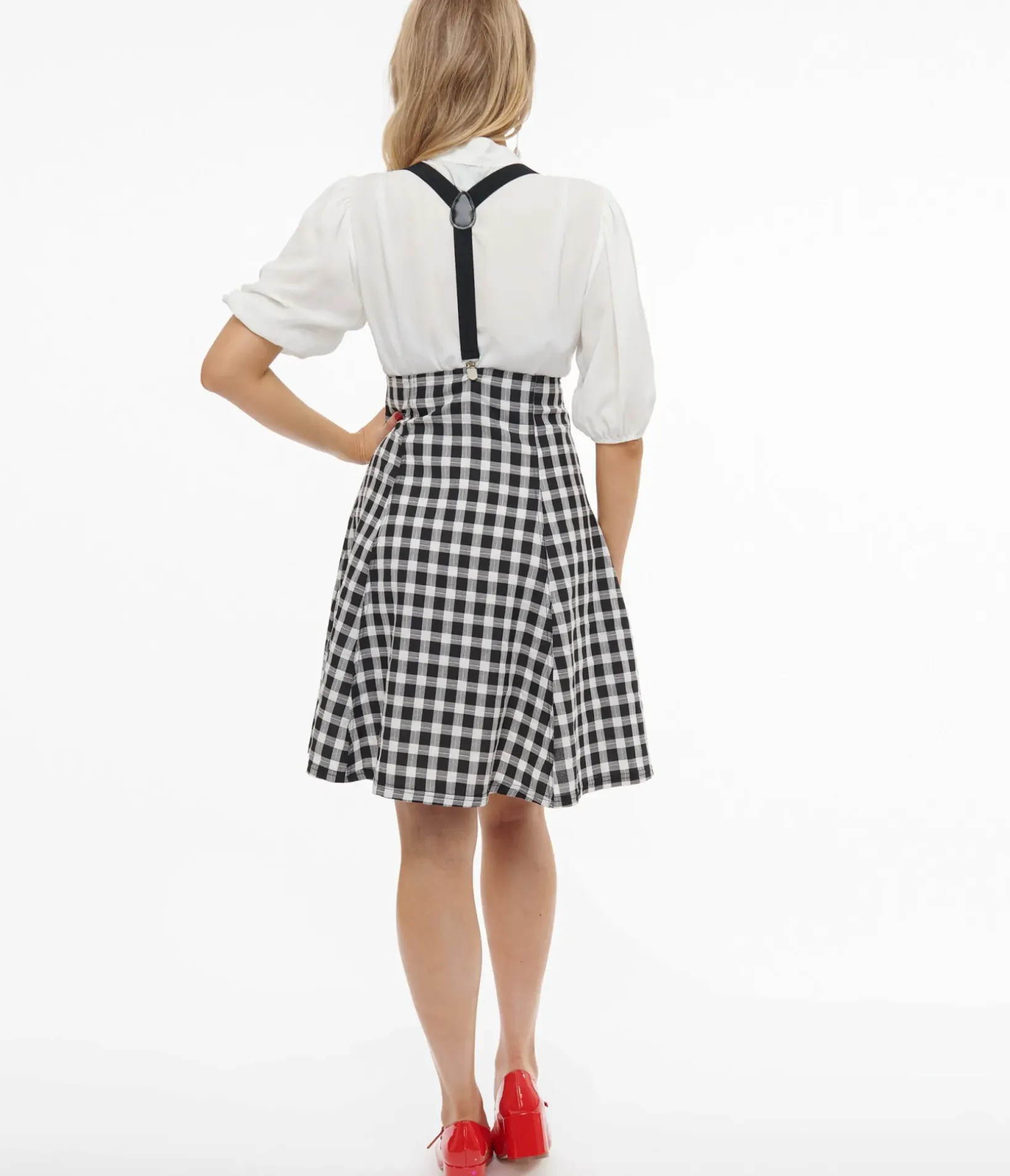 Unique Vintage Skirts|All Things Black>1950s Black & White Gingham Suspender Flare Skirt