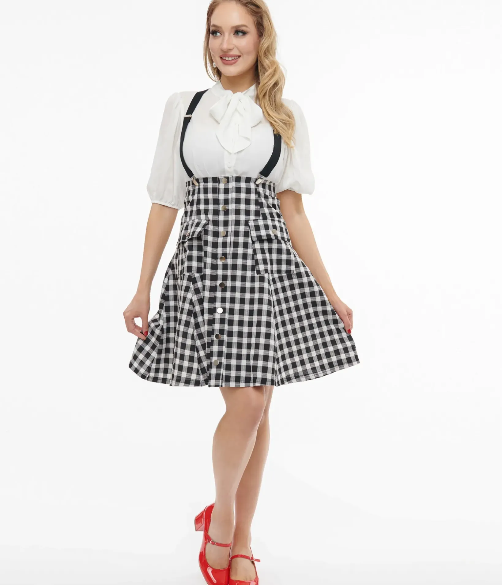 Unique Vintage Skirts|All Things Black>1950s Black & White Gingham Suspender Flare Skirt
