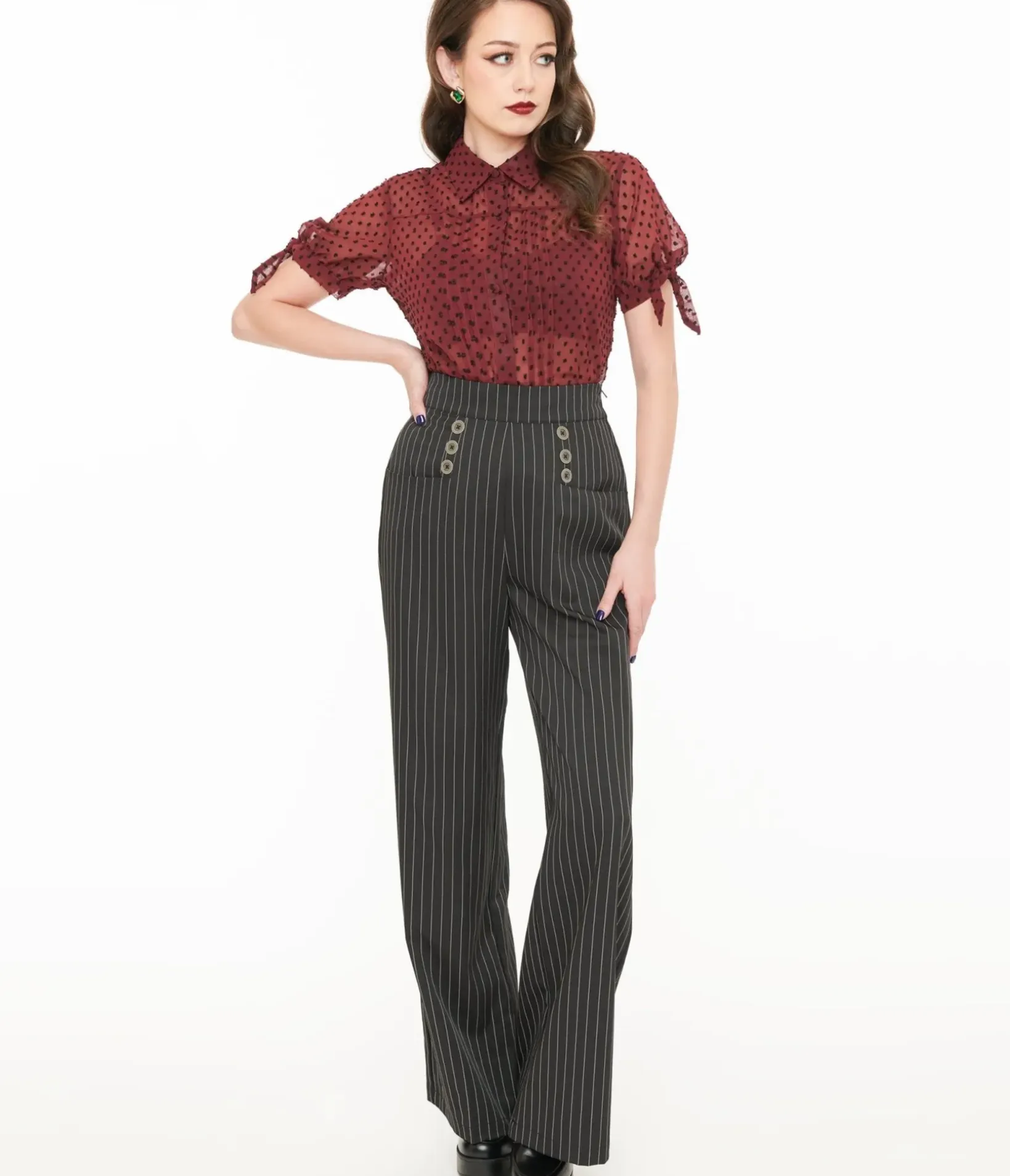 Unique Vintage Pants|All Things Black>1940s Black & White Pin Stripe High Waist Sailor Ginger Pants