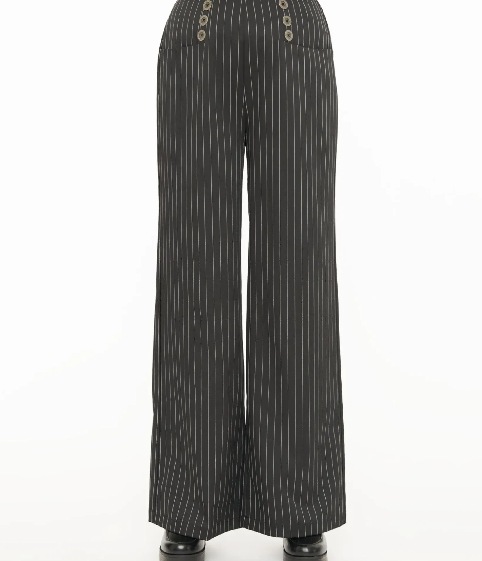 Unique Vintage Pants|All Things Black>1940s Black & White Pin Stripe High Waist Sailor Ginger Pants