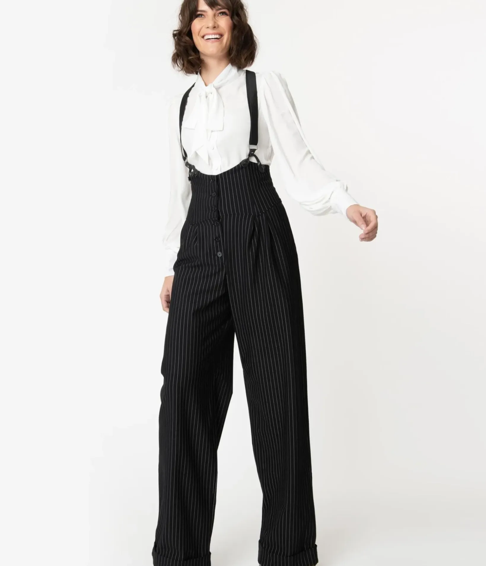 Unique Vintage Pants|All Things Black>1930s Black & White Pin Stripe Thelma Suspender Pants