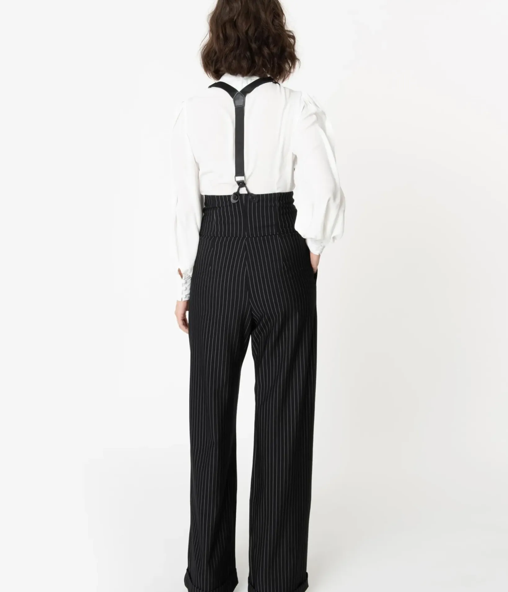 Unique Vintage Pants|All Things Black>1930s Black & White Pin Stripe Thelma Suspender Pants