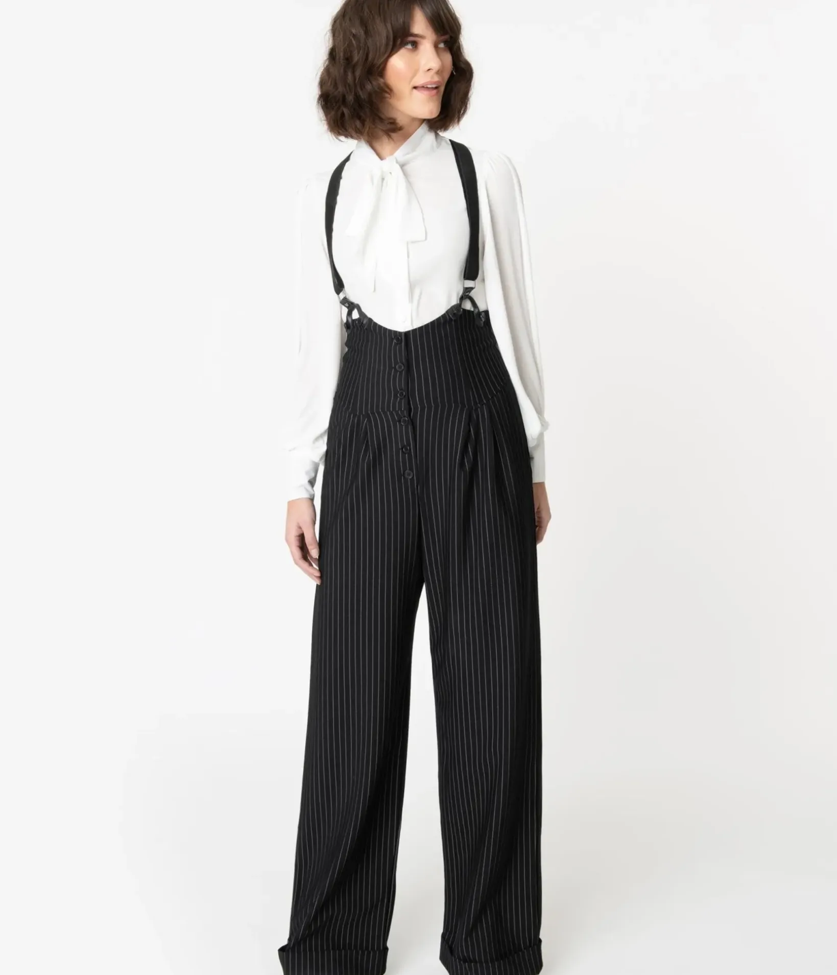 Unique Vintage Pants|All Things Black>1930s Black & White Pin Stripe Thelma Suspender Pants