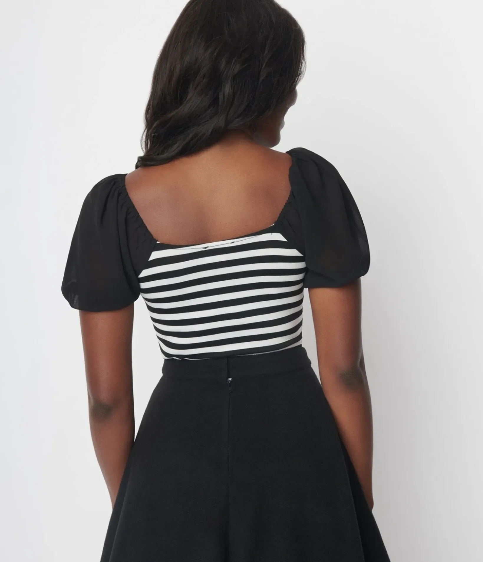 Unique Vintage All Things Black>1940s Black & White Stripe Chiffon Puff Sleeve Bodysuit