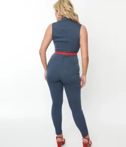Unique Vintage Rompers & Jumpsuits|Rompers & Jumpsuits>1950s Blue Denim & Red Belt Skinny Jumpsuit