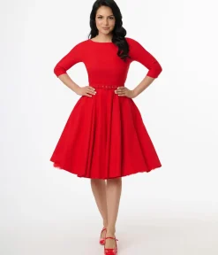 Unique Vintage Swing|Pocket Dresses>1950s Bright Red Devon Swing Dress