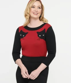 Unique Vintage Sweaters & Cardigans>1950s Burgundy & Black Cat Sleeve Minou Sweater