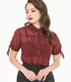 Unique Vintage Blouses|Work Wear>1950s Burgundy & Black Clip Dot Tie Cuff Blouse