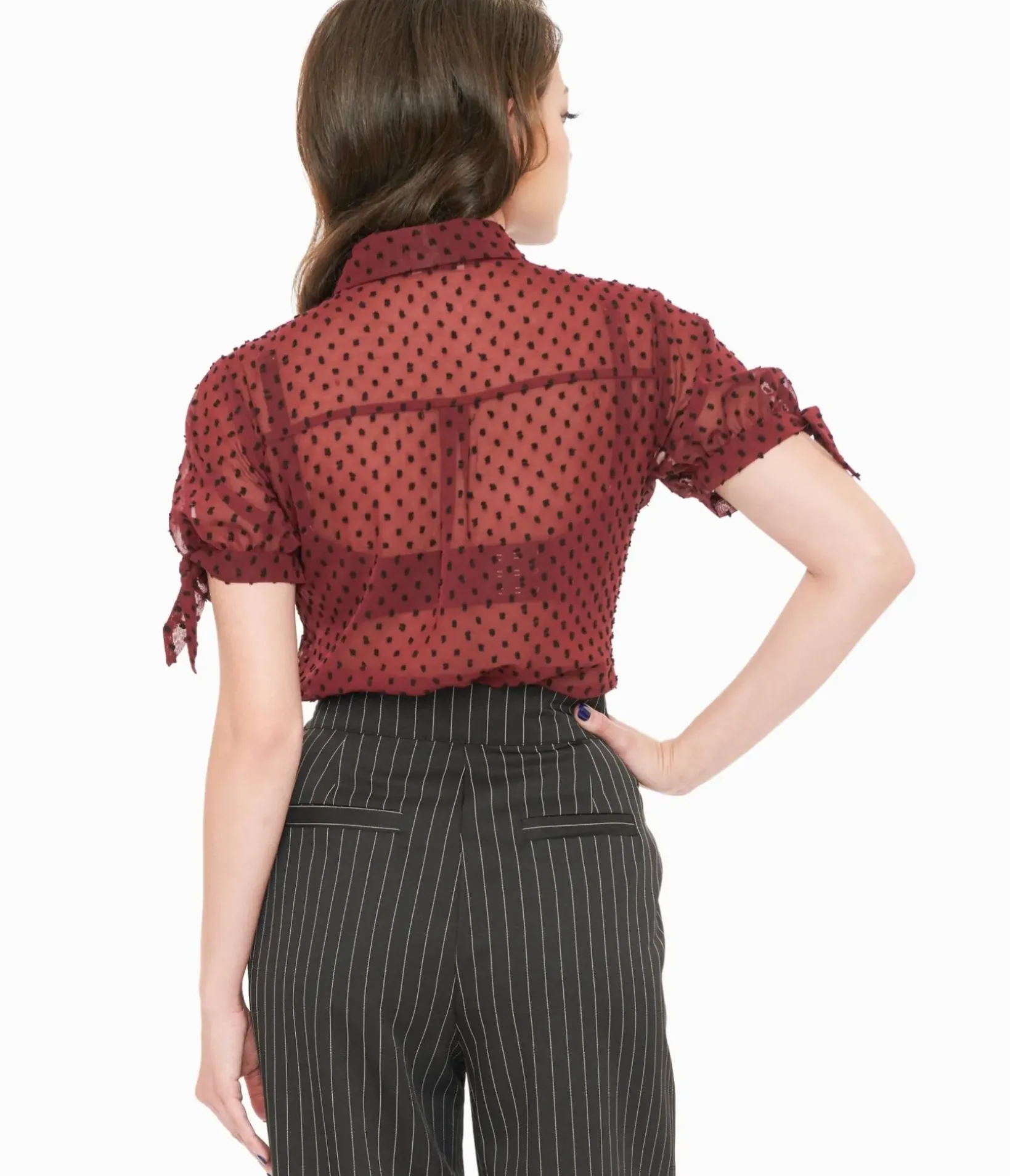 Unique Vintage Blouses|Work Wear>1950s Burgundy & Black Clip Dot Tie Cuff Blouse