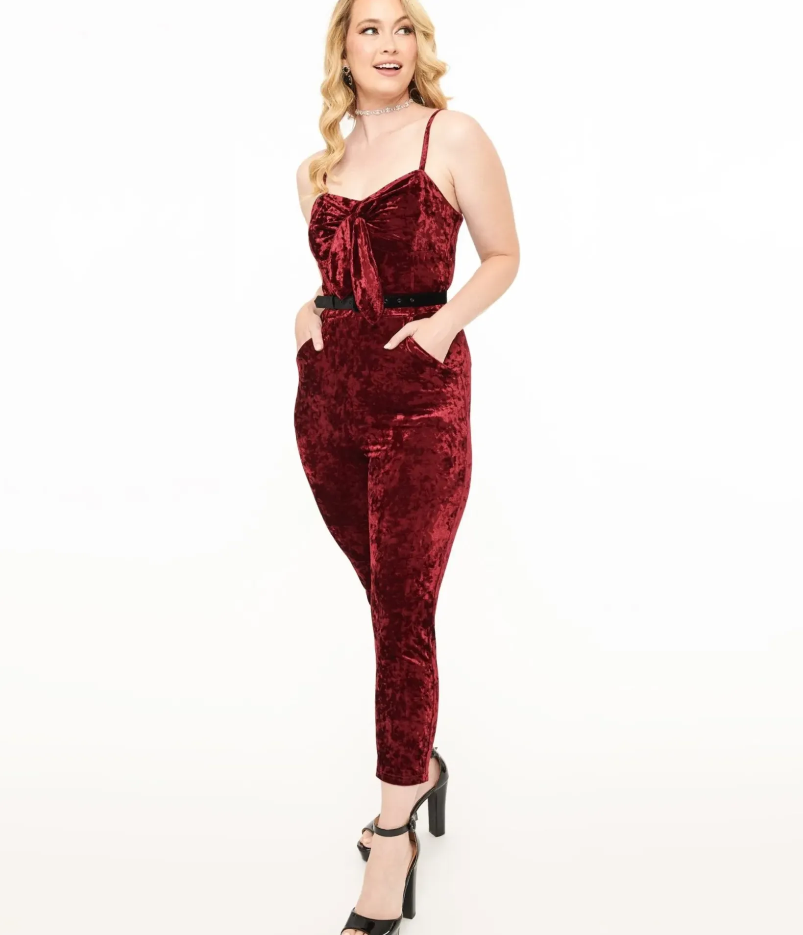 Unique Vintage Rompers & Jumpsuits>1950s Burgundy Crushed Velvet Cropped Jumpsuit