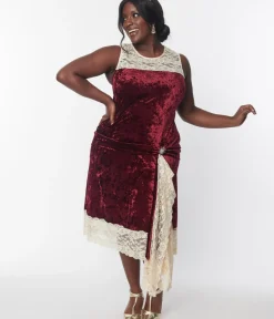 Unique Vintage Everyday Dresses|Special Occasion>1920s Burgundy Crushed Velvet & Ivory Lace Flapper Dress