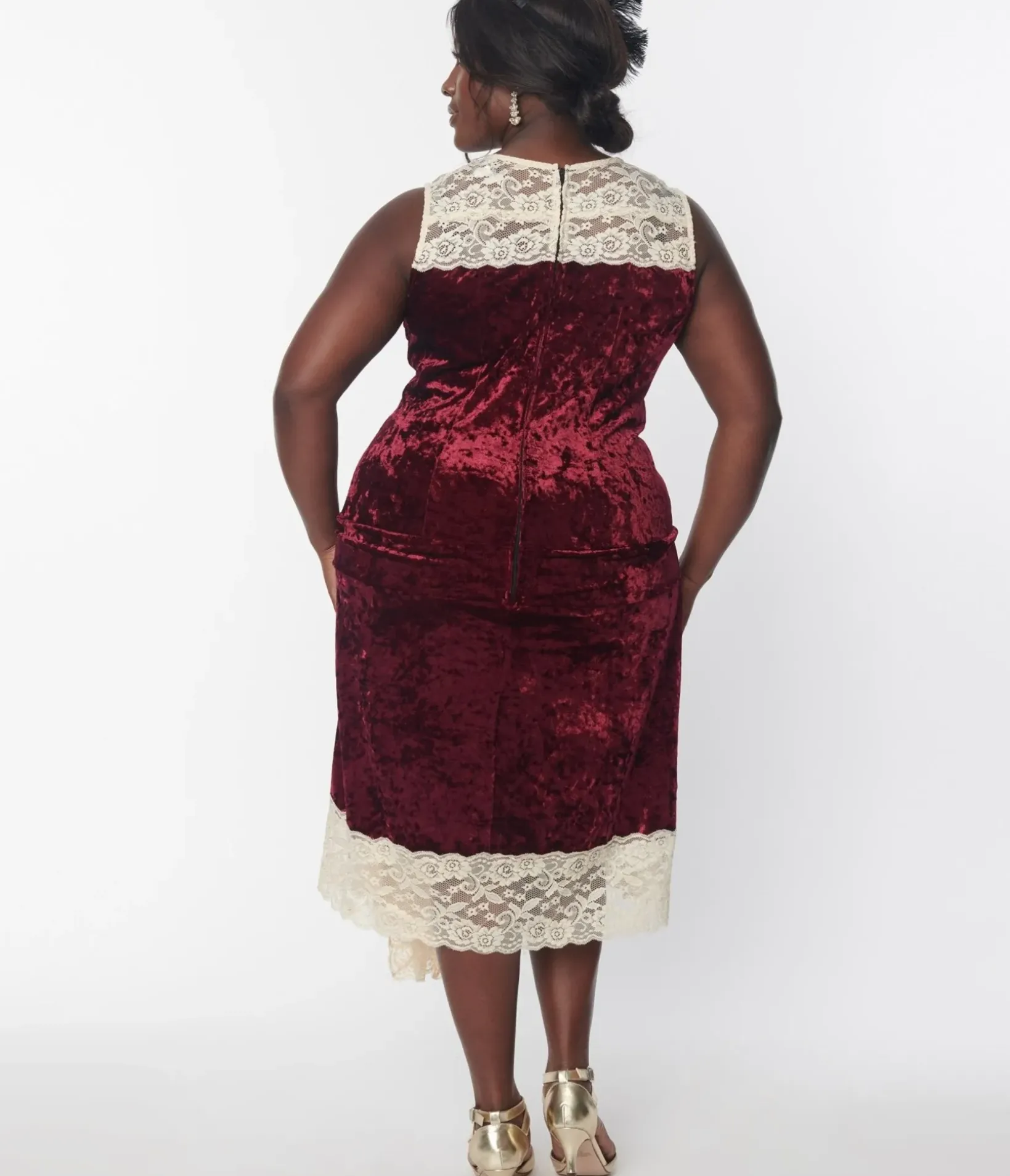 Unique Vintage Everyday Dresses|Special Occasion>1920s Burgundy Crushed Velvet & Ivory Lace Flapper Dress