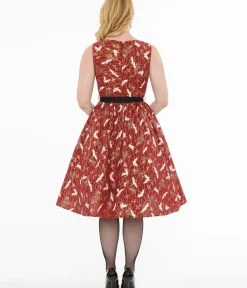 Unique Vintage Swing|Pocket Dresses>1950s Burgundy Fall Crane Sleeveless Swing Dress