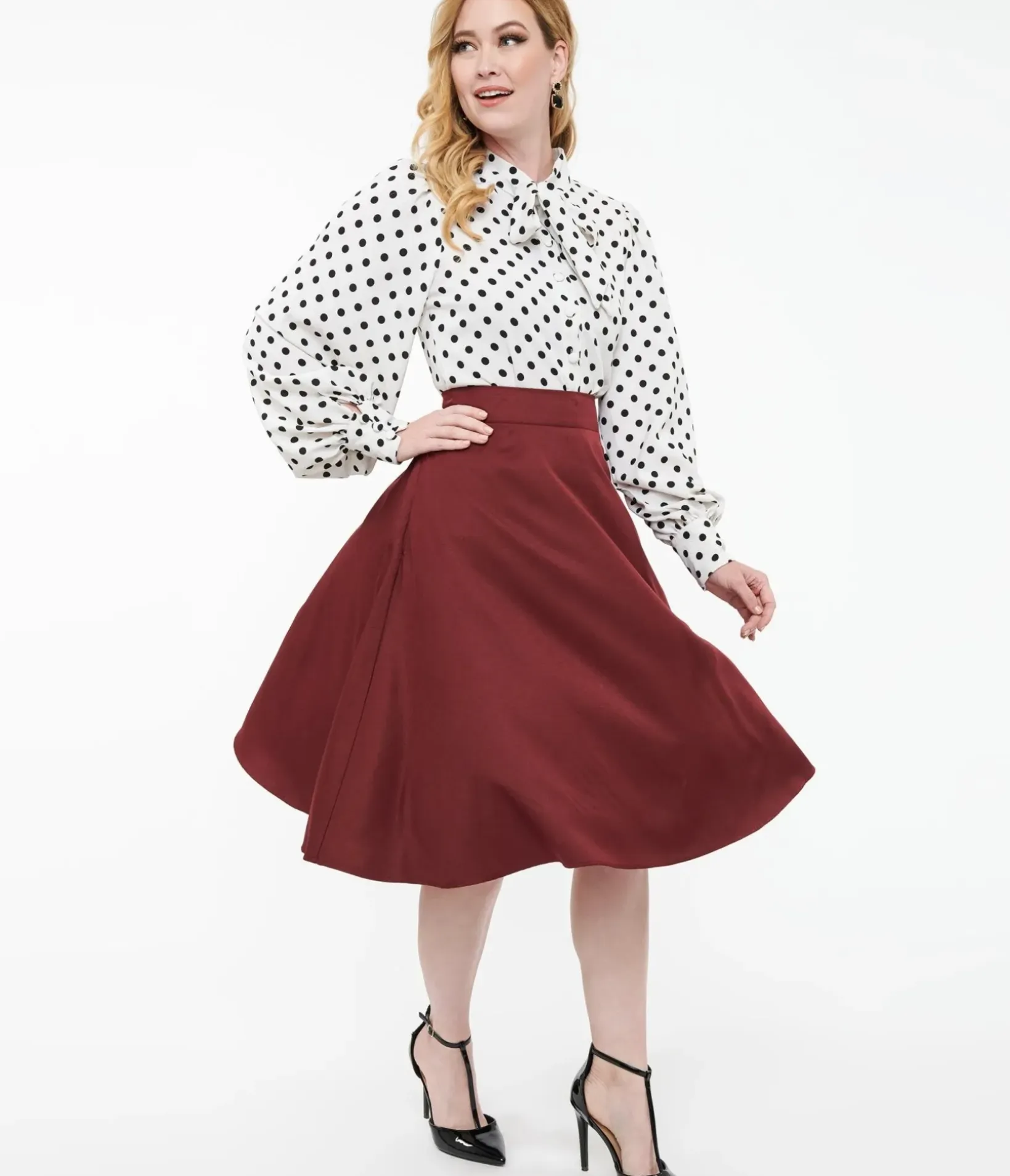 Unique Vintage Skirts>1950s Burgundy High Waist Vivien Swing Skirt