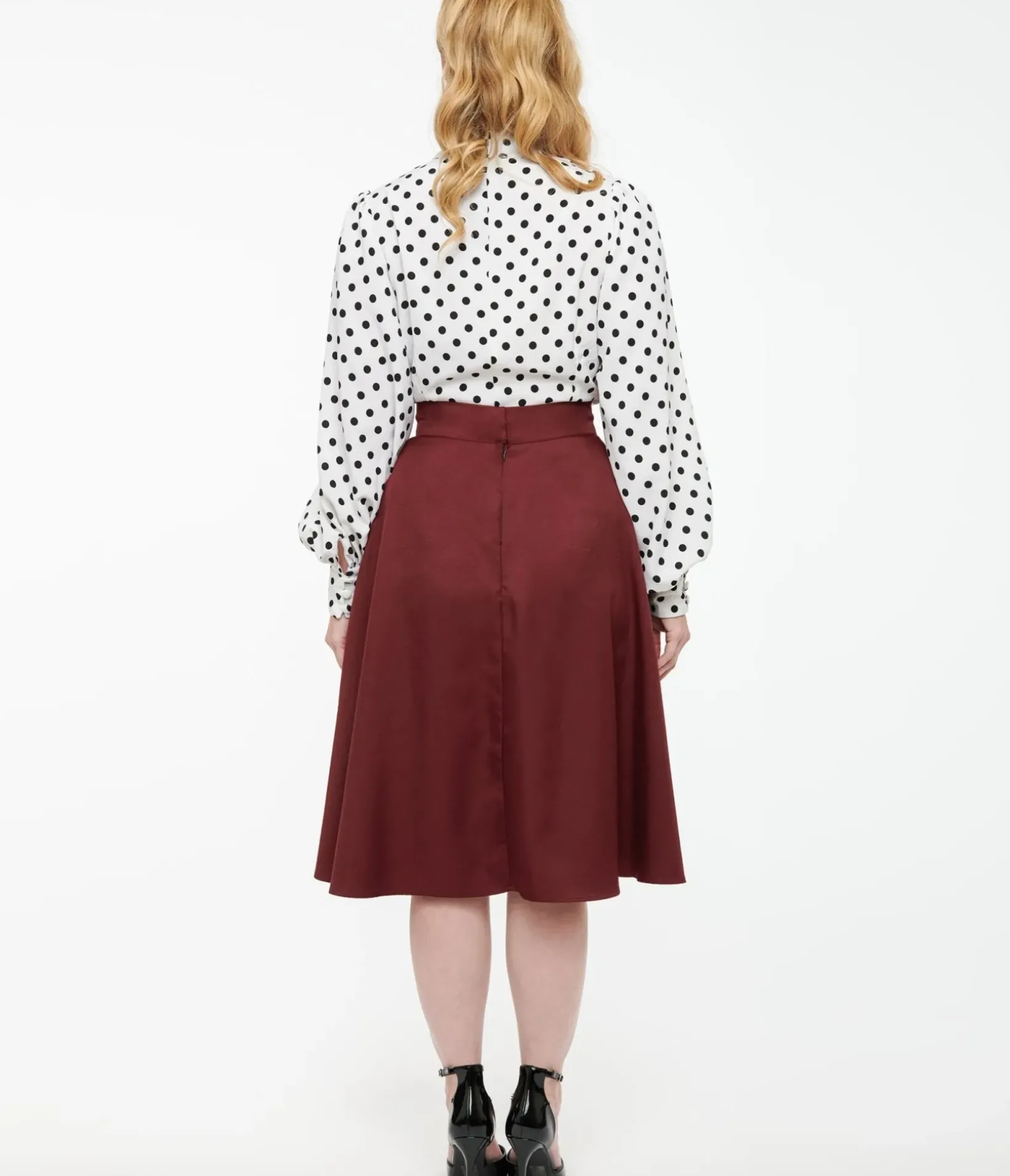 Unique Vintage Skirts>1950s Burgundy High Waist Vivien Swing Skirt