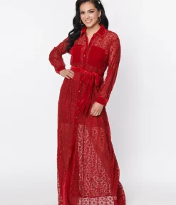 Unique Vintage Maxi|Everyday Dresses>1970s Burgundy Lace Blanche Maxi Shirtdress