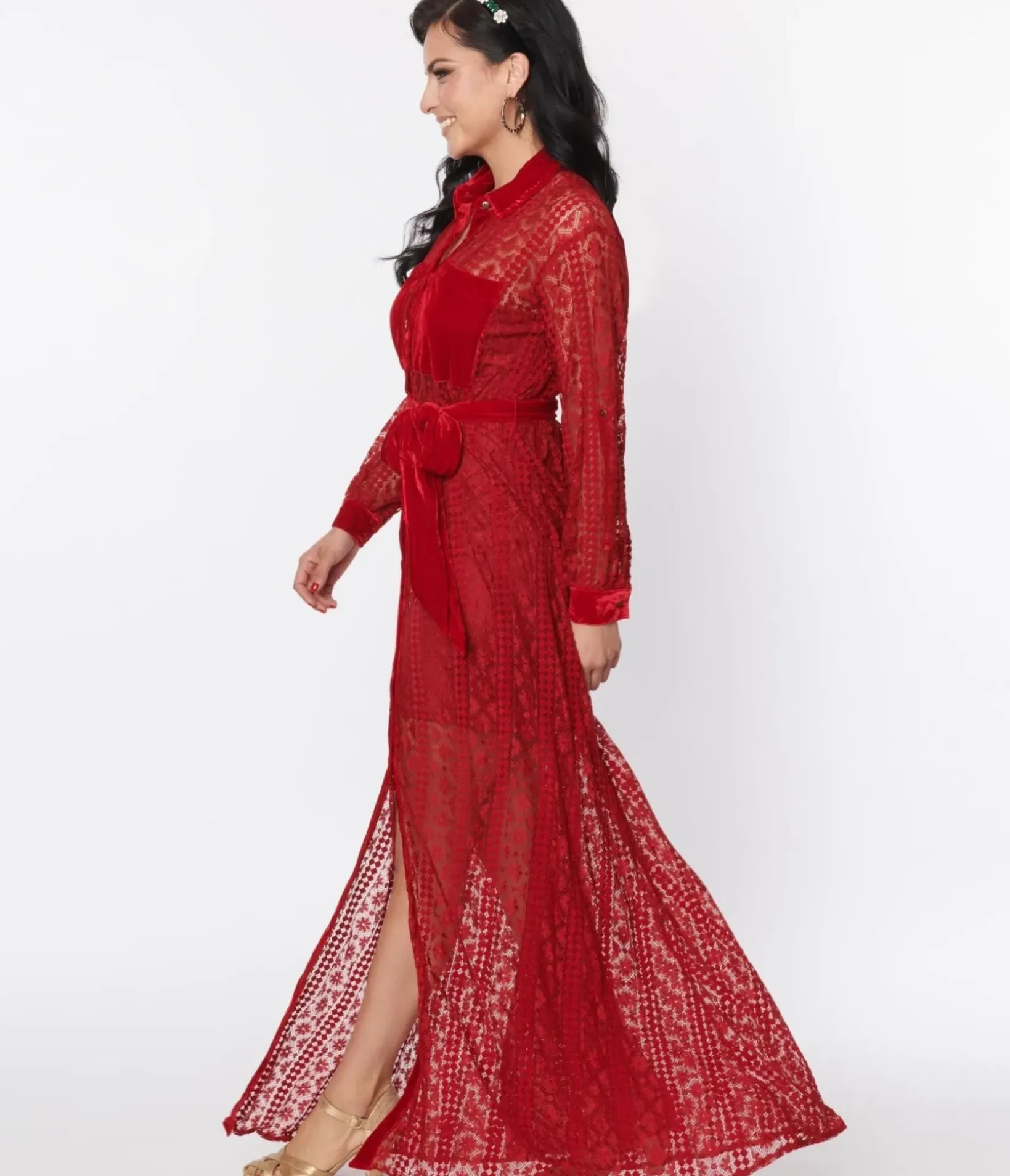 Unique Vintage Maxi|Everyday Dresses>1970s Burgundy Lace Blanche Maxi Shirtdress