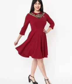 Unique Vintage Fit & Flare|Everyday Dresses>1950s Burgundy Spiderweb Endora Fit & Flare Dress