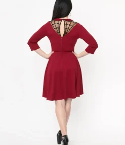 Unique Vintage Fit & Flare|Everyday Dresses>1950s Burgundy Spiderweb Endora Fit & Flare Dress
