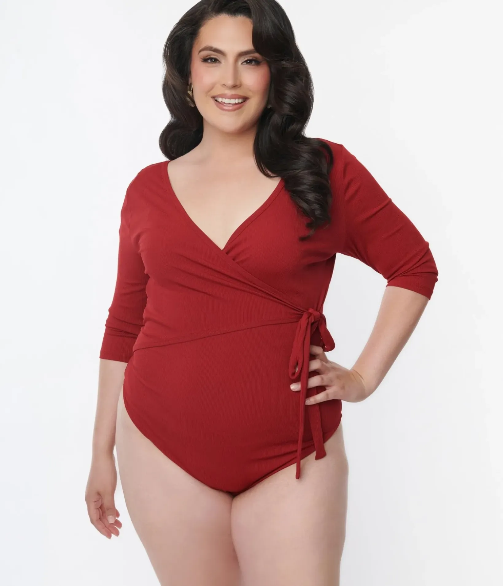 Unique Vintage Work Wear>1970s Burgundy Surplice Bodysuit