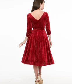 Unique Vintage Swing|Pocket Dresses>1950s Burgundy Textured Velvet Devon Swing Dress