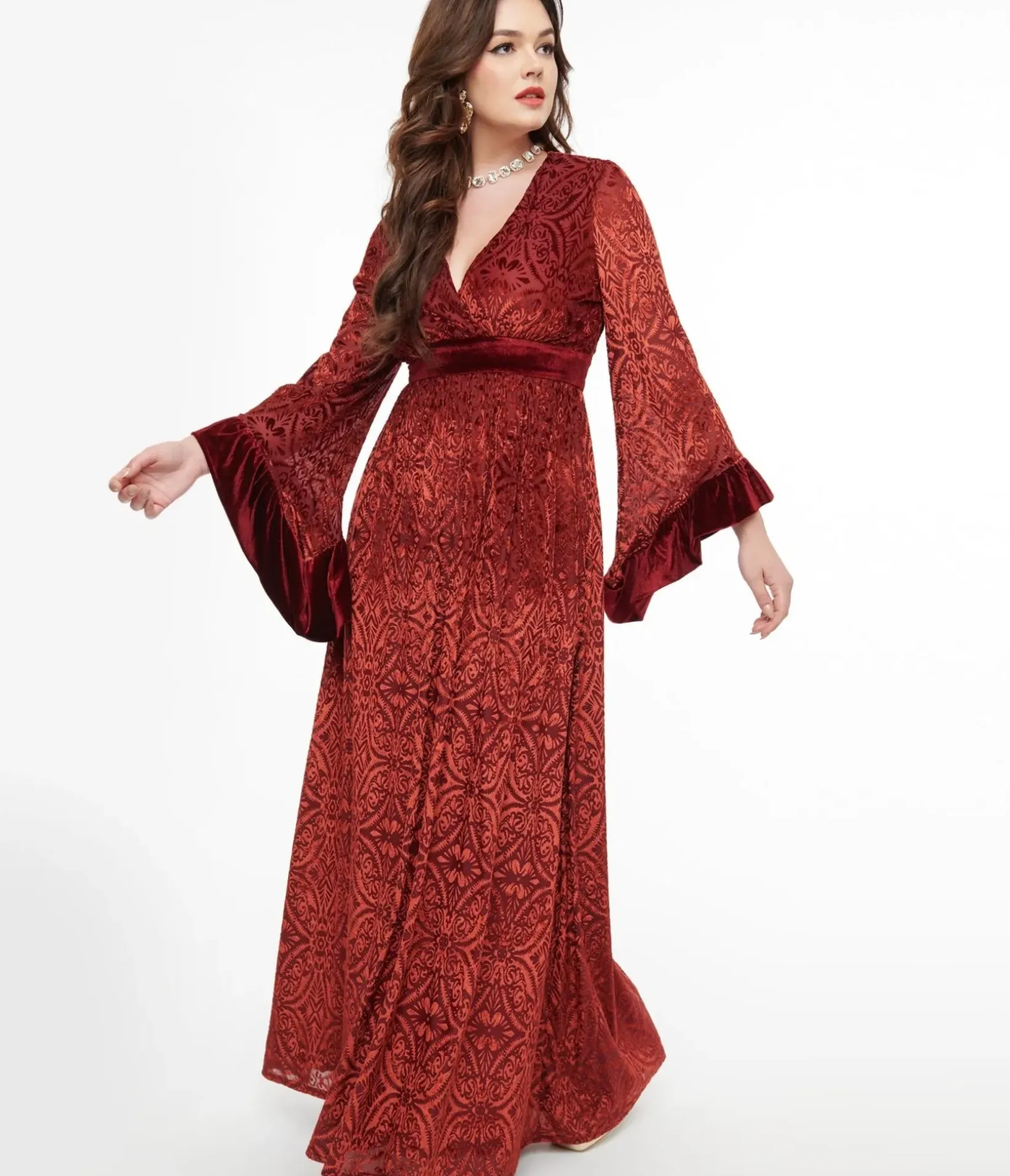 Unique Vintage Maxi|Everyday Dresses>1970s Burgundy Velvet Burnout Maxi Dress