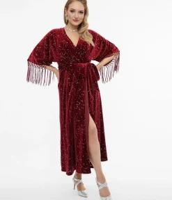 Unique Vintage Midi|Wrap Dresses>1970s Burgundy Velvet Silver Star Wrap Midi Dress