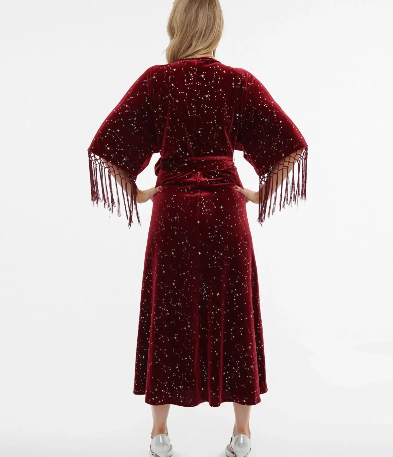 Unique Vintage Midi|Wrap Dresses>1970s Burgundy Velvet Silver Star Wrap Midi Dress