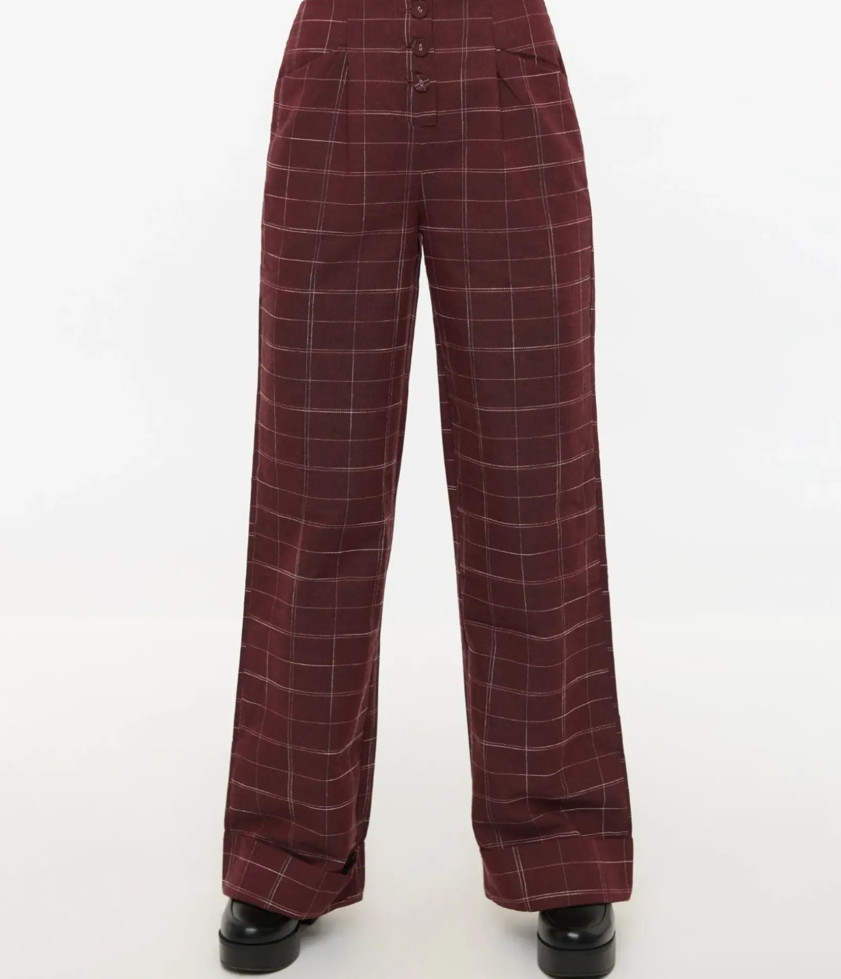 Unique Vintage Pants|Work Wear>1940s Burgundy Windowpane Buttoned Wide Leg Trousers