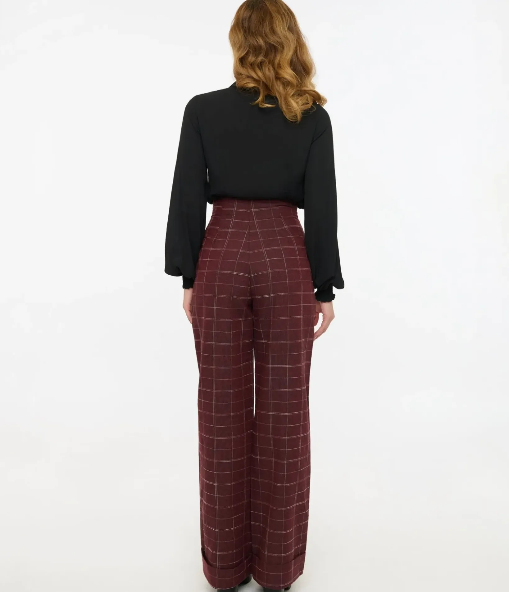 Unique Vintage Pants|Work Wear>1940s Burgundy Windowpane Buttoned Wide Leg Trousers