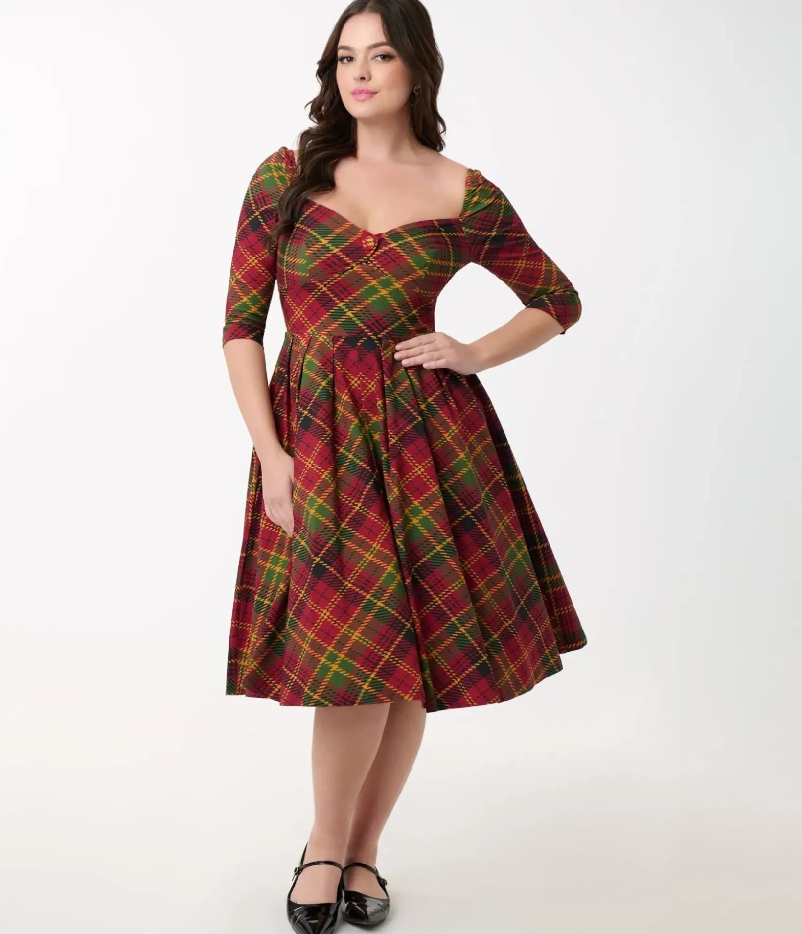 Unique Vintage Swing|Everyday Dresses>1950s Burnt Orange & Green Plaid Lamar Swing Dress