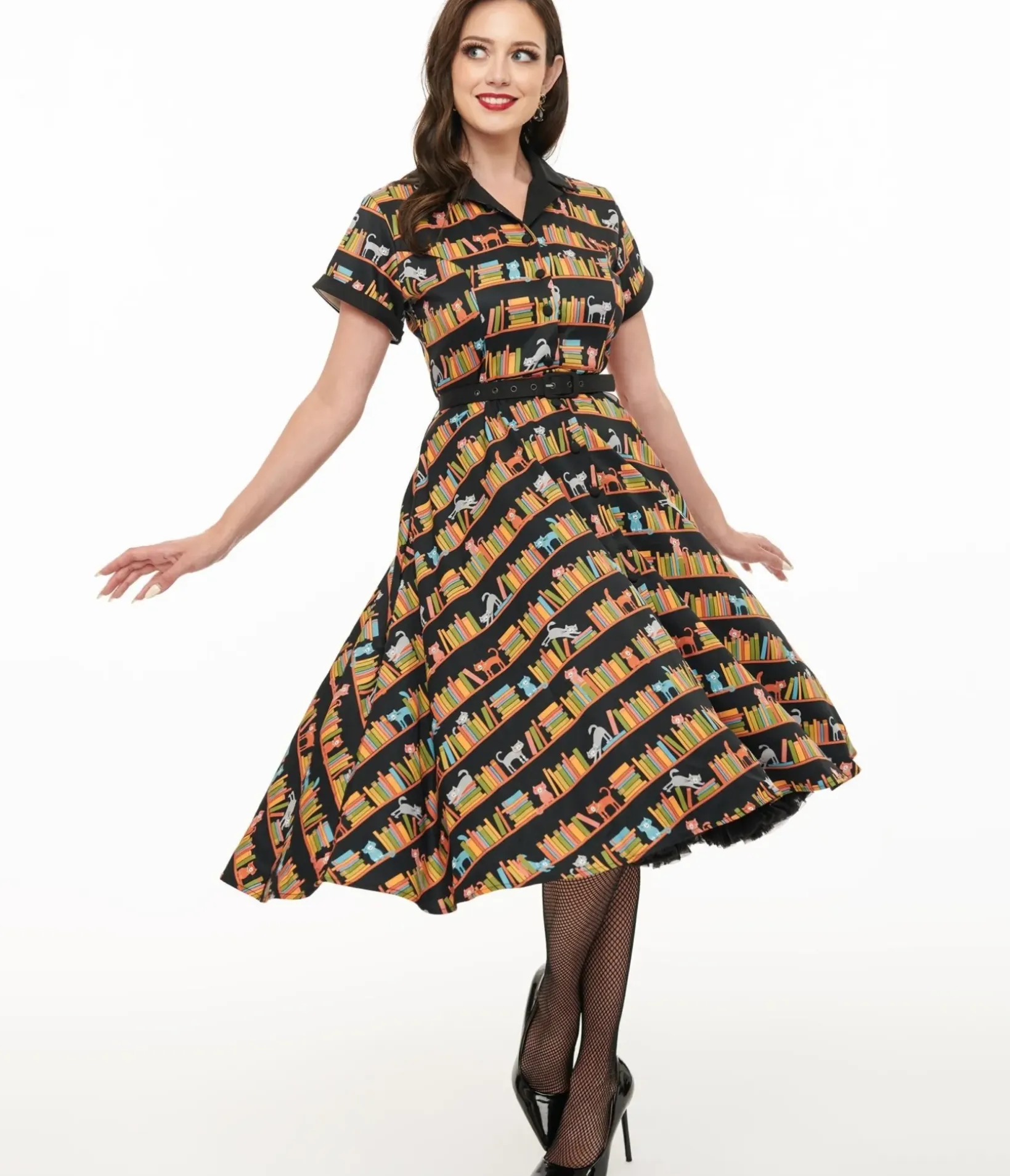 Unique Vintage Swing|Pocket Dresses>1950s Cat & Bookshelf Print Alexis Swing Dress