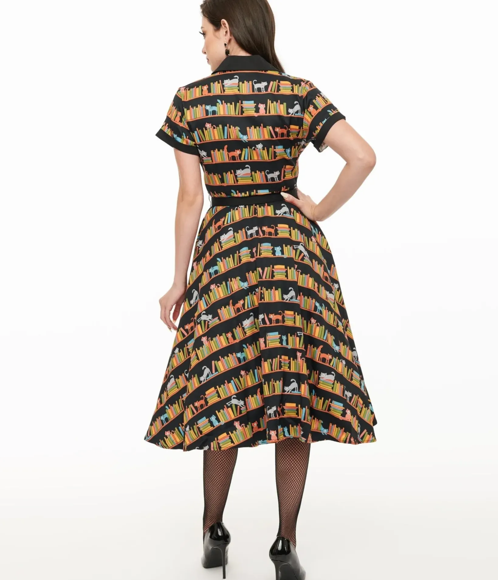 Unique Vintage Swing|Pocket Dresses>1950s Cat & Bookshelf Print Alexis Swing Dress